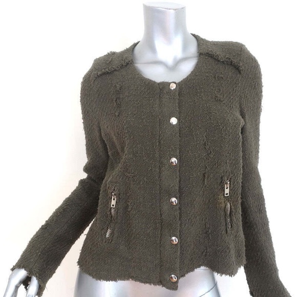 IRO Regan Distressed Tweed Jacket Olive Cotton - Picture 2 of 6